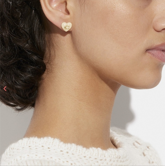 COACH GOLD TONE SIGNATURE HEART STUD EARRINGS - Picture 2 of 3